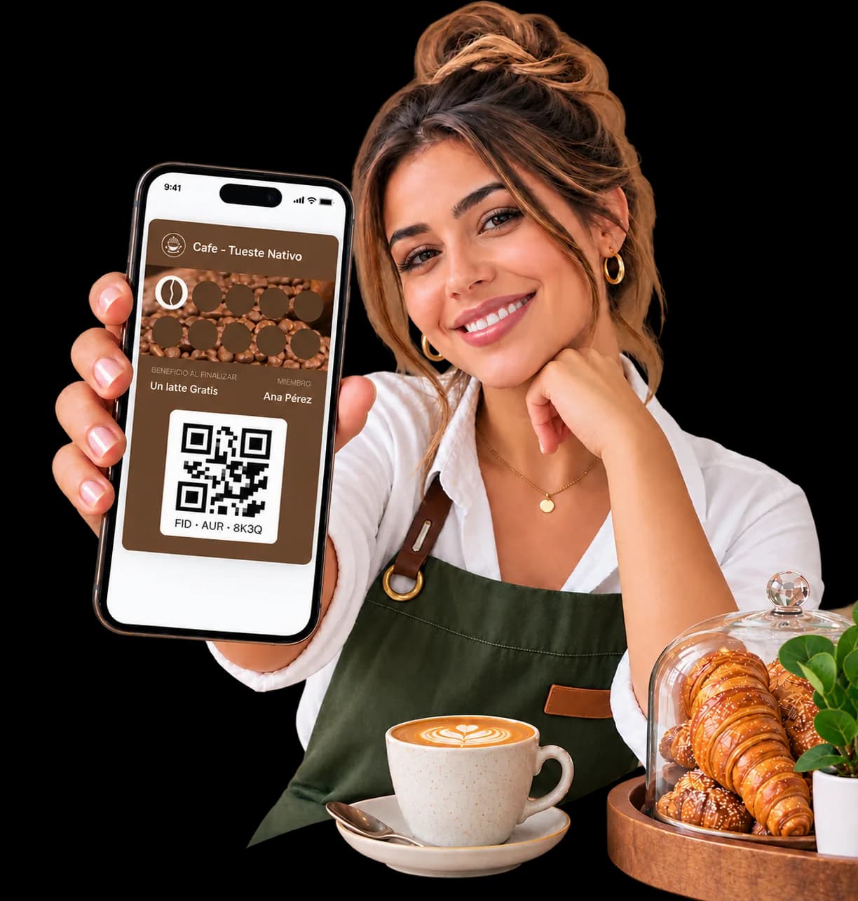 Una comerciante muestra en su celular la tarjeta de fidelización de su negocio